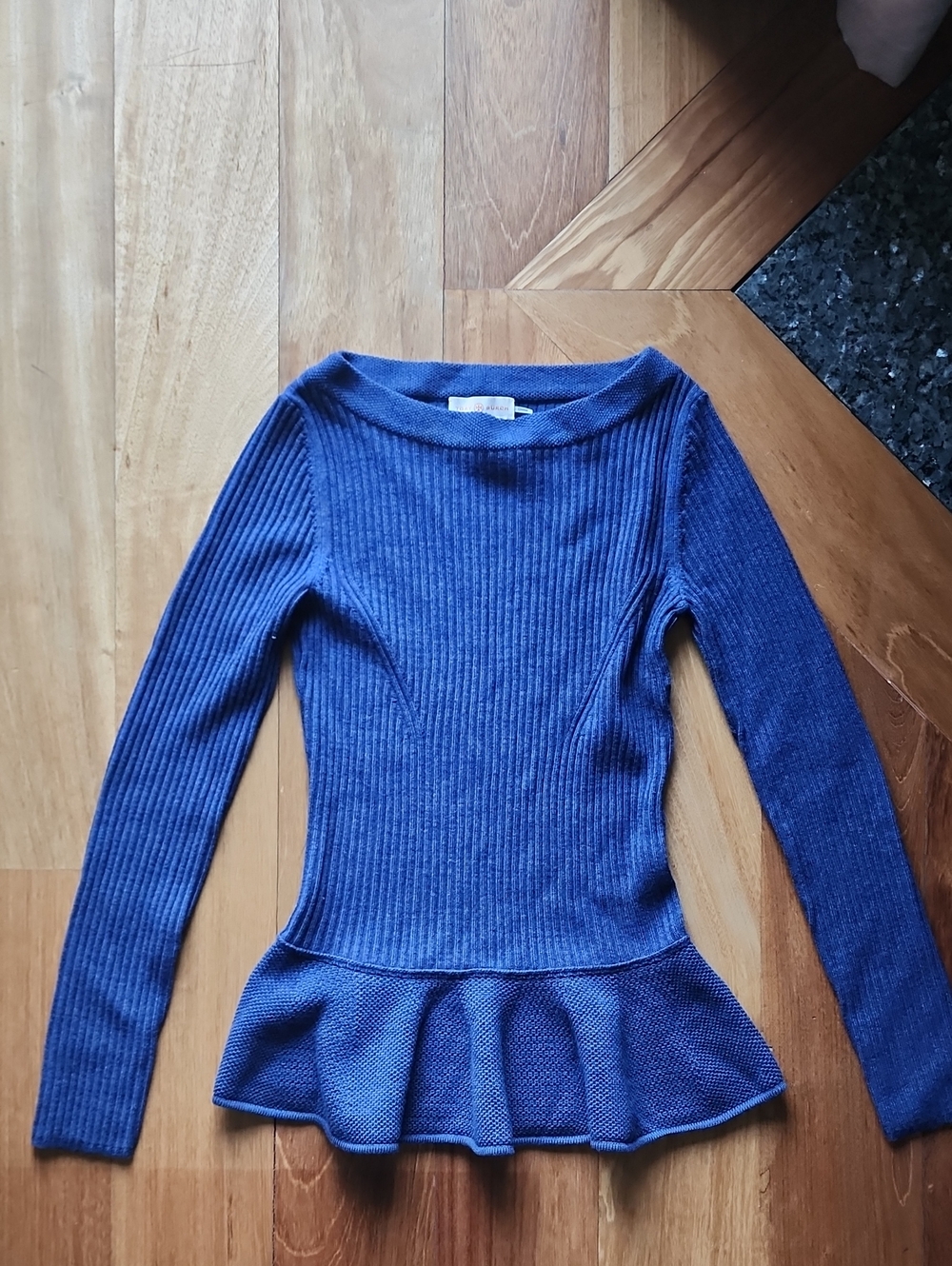 Tory Burch Blue Ribbed Peplum Long-Sleeve Top